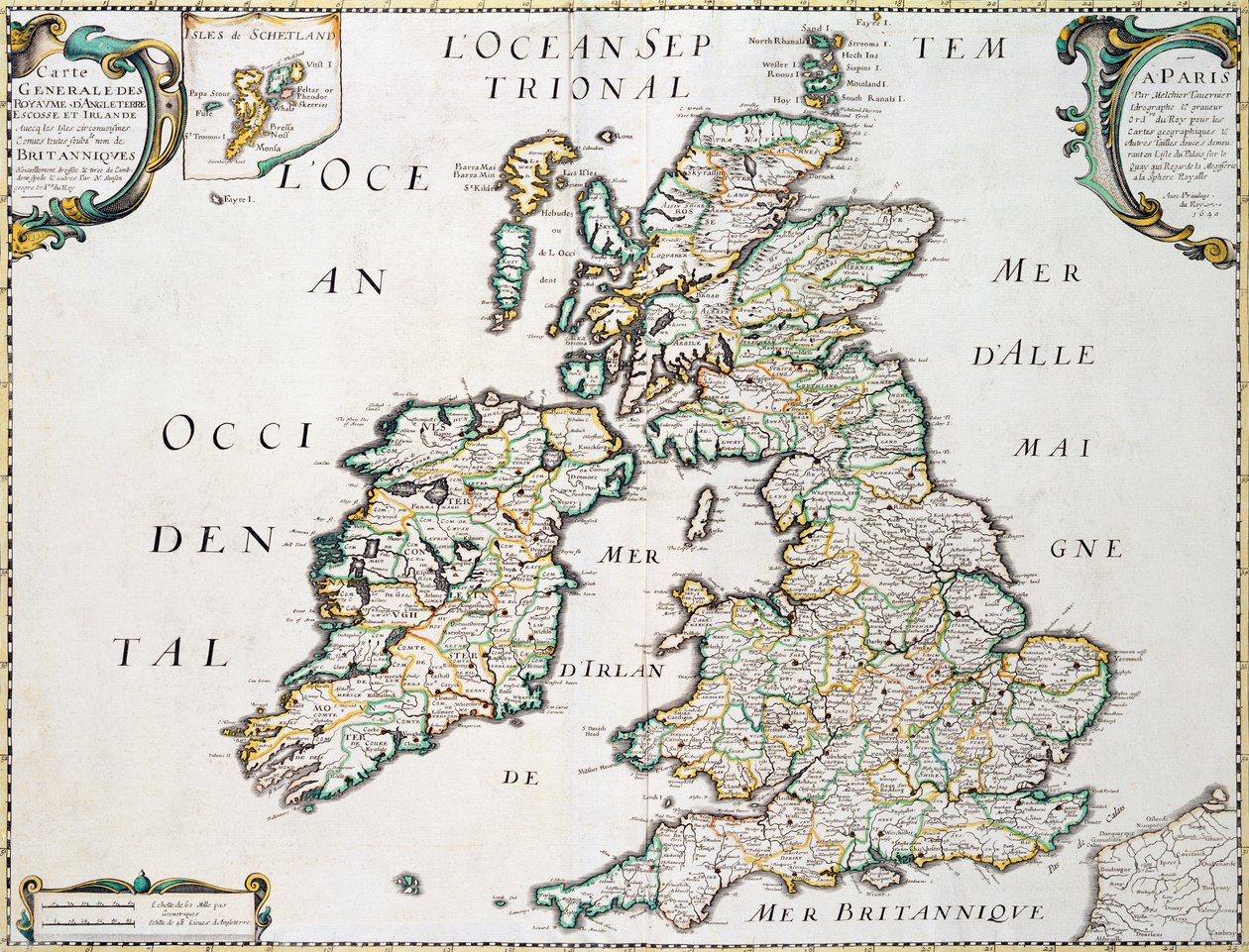 Kort over Storbritannien og Irland, udgivet Paris 1640 af Nicolas Sanson