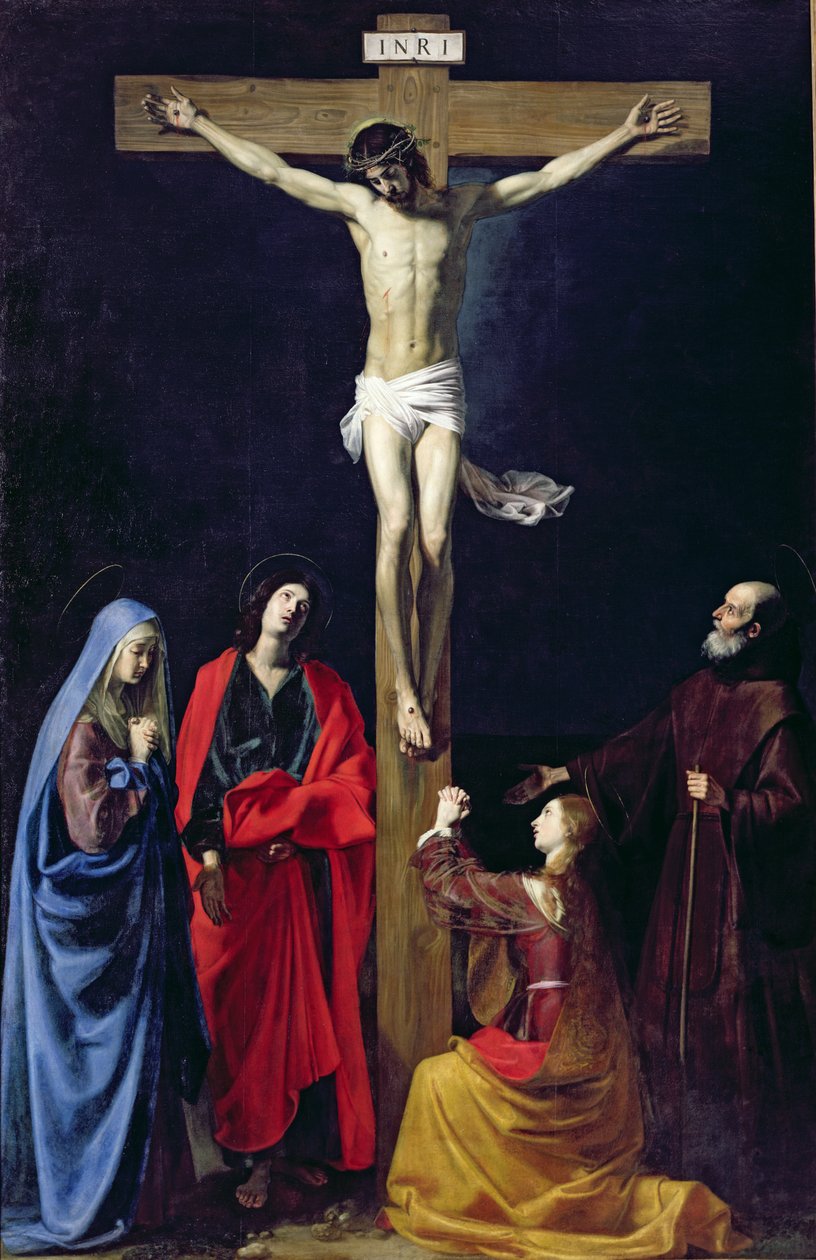 Kristus på korset med Jomfruen, Maria Magdalena, Sankt Johannes og Sankt Frans af Paola af Nicolas Tournier