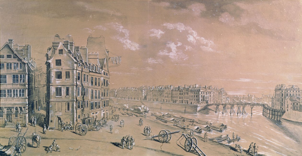 Ile Saint-Louis og korndokkerne fra Place de Greve, ca. 1757 (wc og gouache) (se også 86033) af Nicolas Raguenet