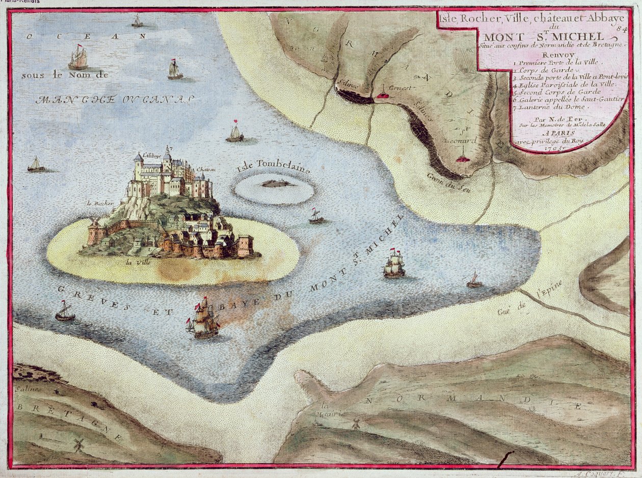 Byen, slottet og klosteret Mont Saint-Michel, 1703 af Nicolas de Fer