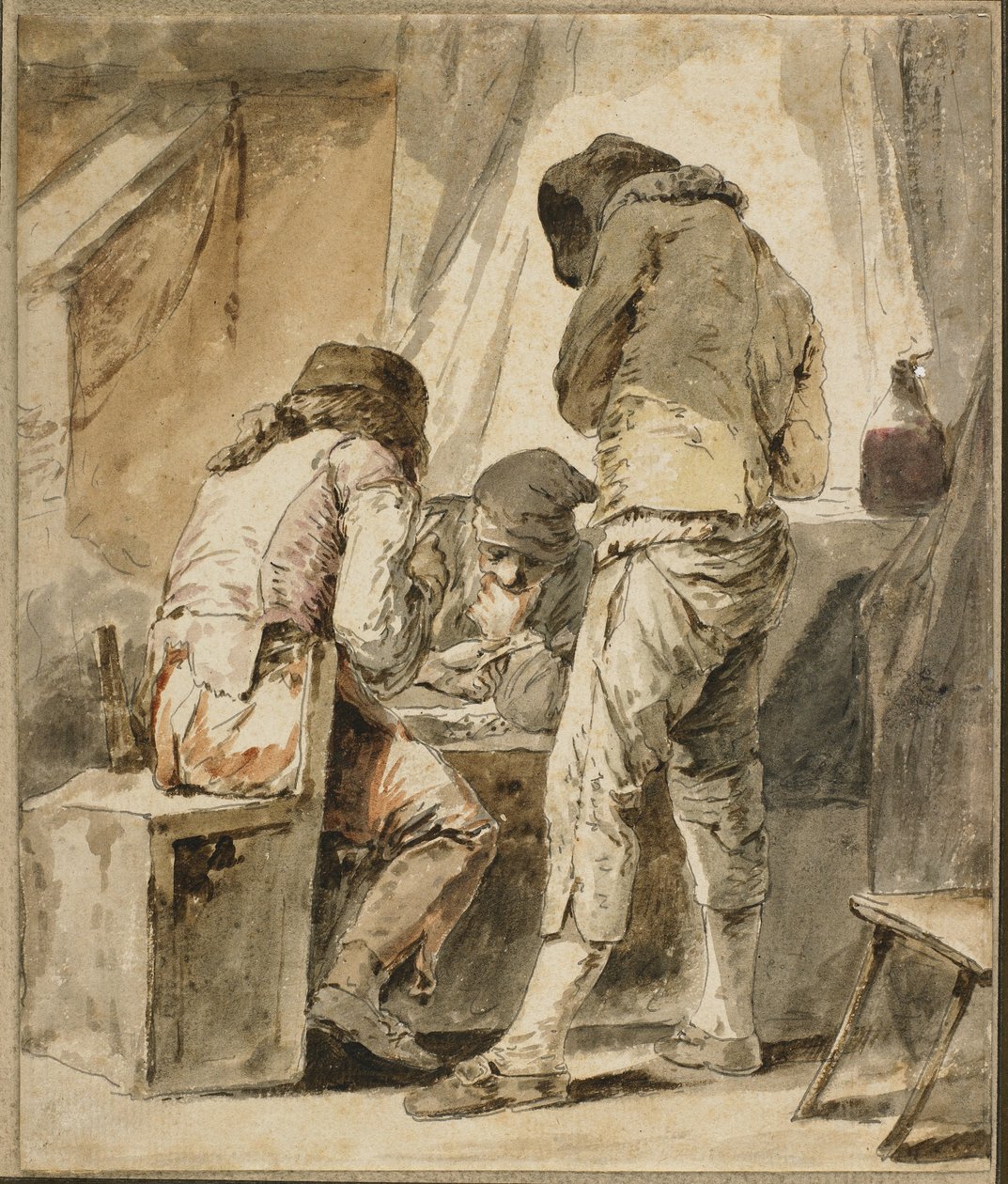 Et vanskeligt træk, ca. 1781 (pen og sort blæk, grå og brun vask, og wc på papir) af Nicolas Bernard Lepicie