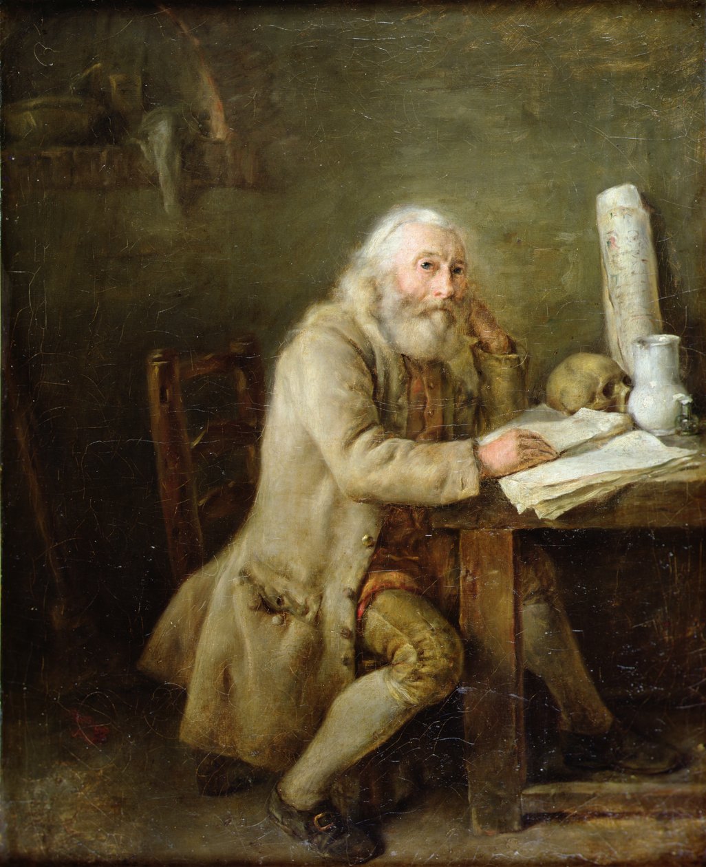 Gammel mand læser et manuskript af Nicolas Bernard Lepicie