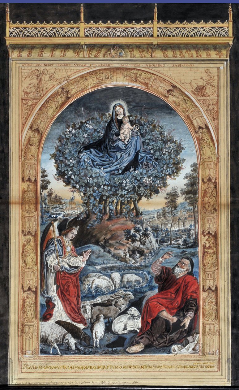 Kopi af Burning Bush. Moses på Sinaj-bjerget tager sine sko af. Omkring ham en engel, Jomfruen og Kristus og en flok får. Anonym tegning. Mål: 84x54 cm. Granet-museet, Aix en Provence. af Nicolas (after) Froment