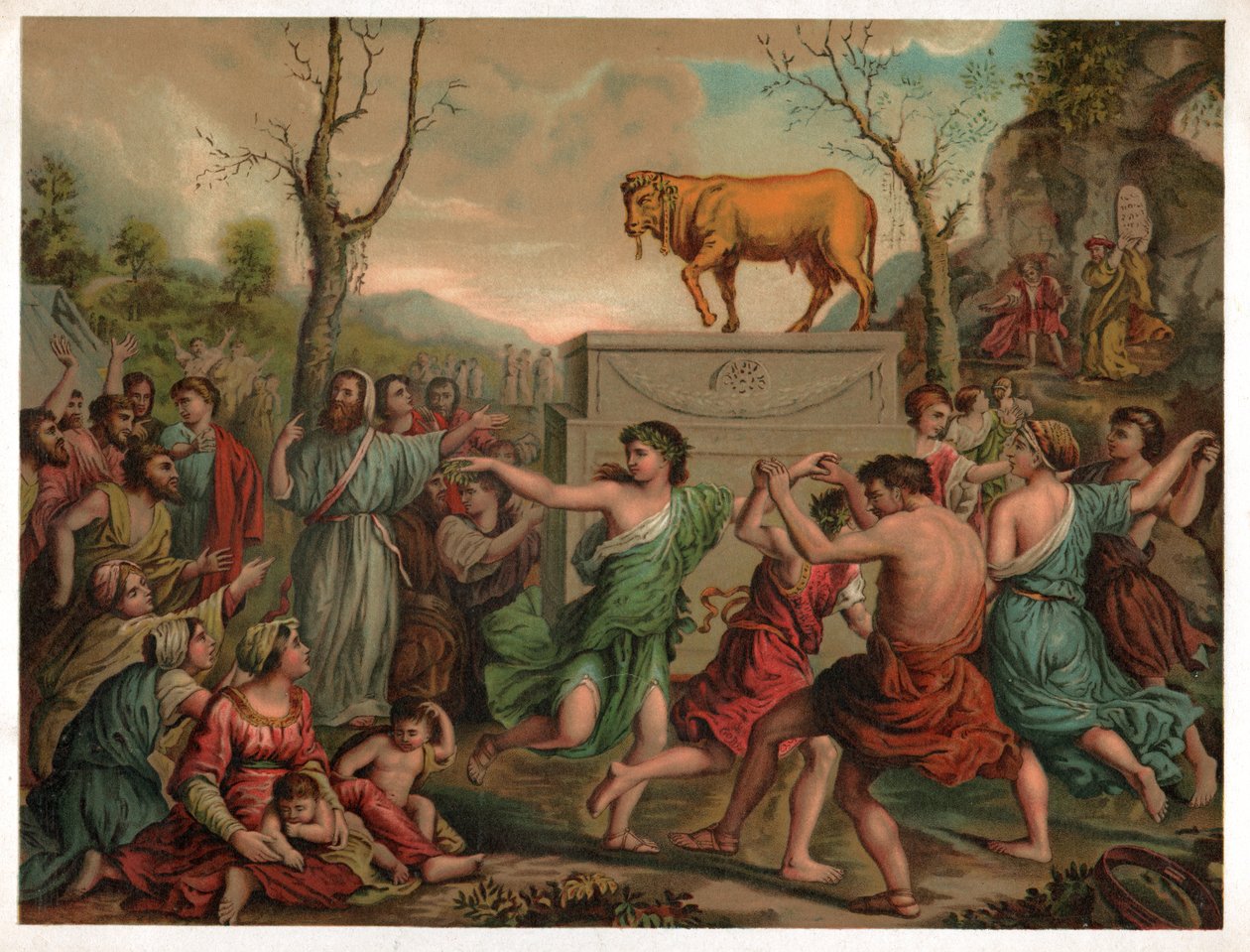 Tilbedelse af guldkalven. (Litografi, omkring 1900) af Nicolas (after) Poussin