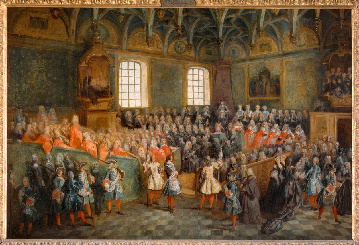 Rettens session (Lit de Justice), afholdt i Parlamentet den 22. februar 1723 ... af Nicolas (attr. to) Lancret