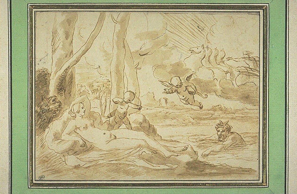 Jupiter and Antiope (pen og brunt blæk, brun vask, spor af sort sten) af Nicolas (attr.to) Poussin