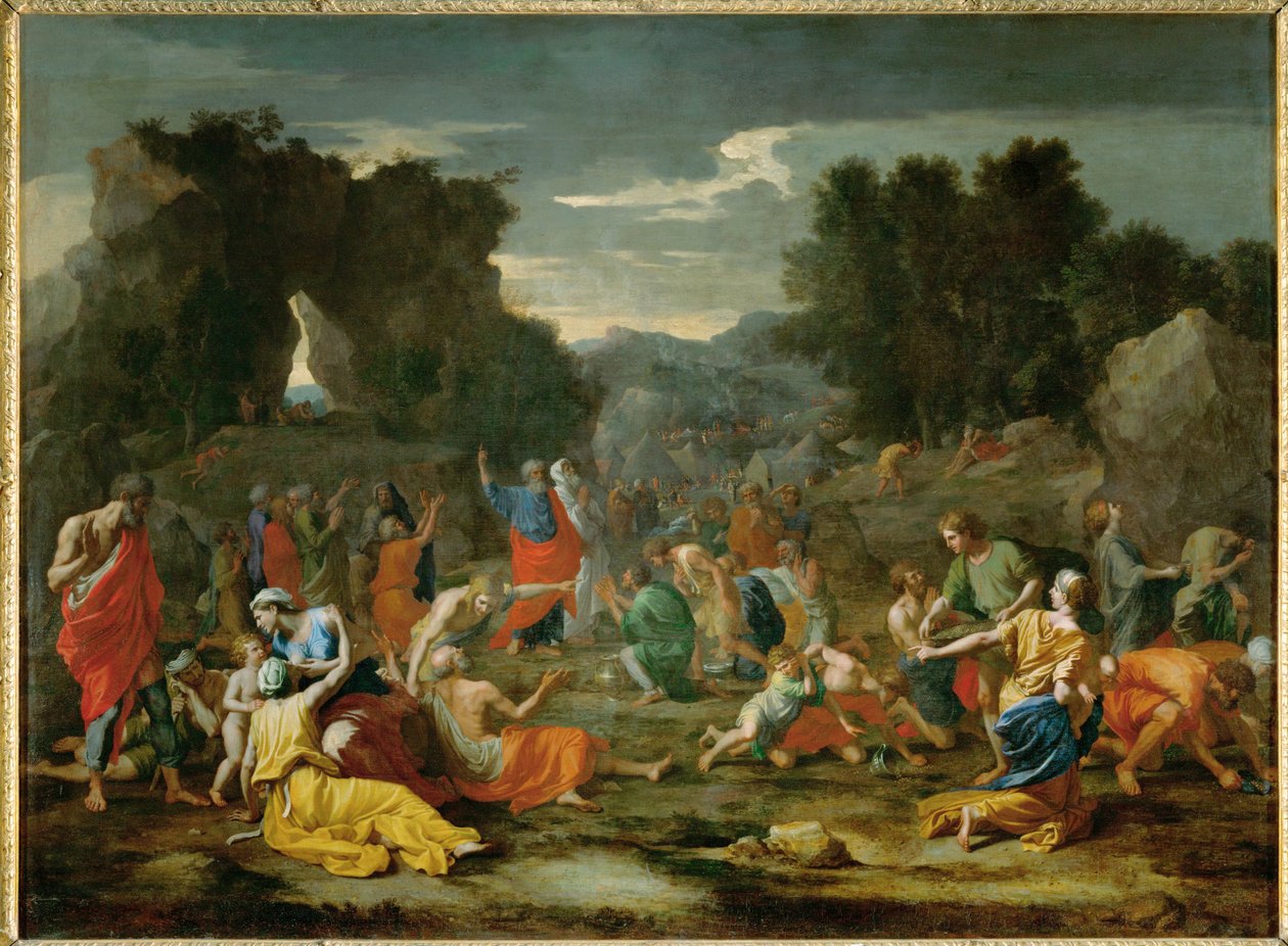 Les Israelites recuillant la manne dans le desert - israelitterne indsamler manna i ørkenen ... af Nicolas (attr.to) Poussin