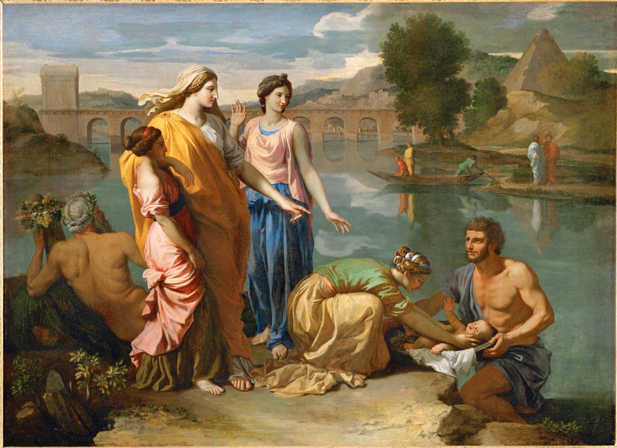 Moses reddet fra Nilens oversvømmelser af Faraos datter ... af Nicolas (attr.to) Poussin