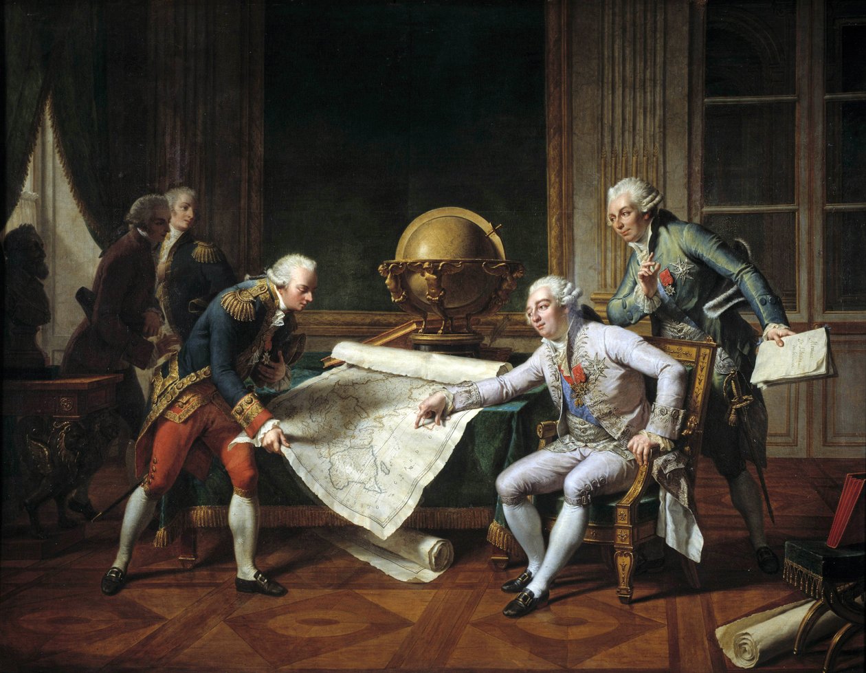 Ludvig XVI (1754-1793), konge af Frankrig, giver instruktioner til Jean-Francois Galaup, greve af La Perouse (Jean Francois Laperouse af Nicolas Andre Monsiau
