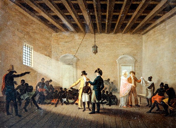 Et interiør med slavehandlere (olie på lærred) af Nicolas Antoine Taunay