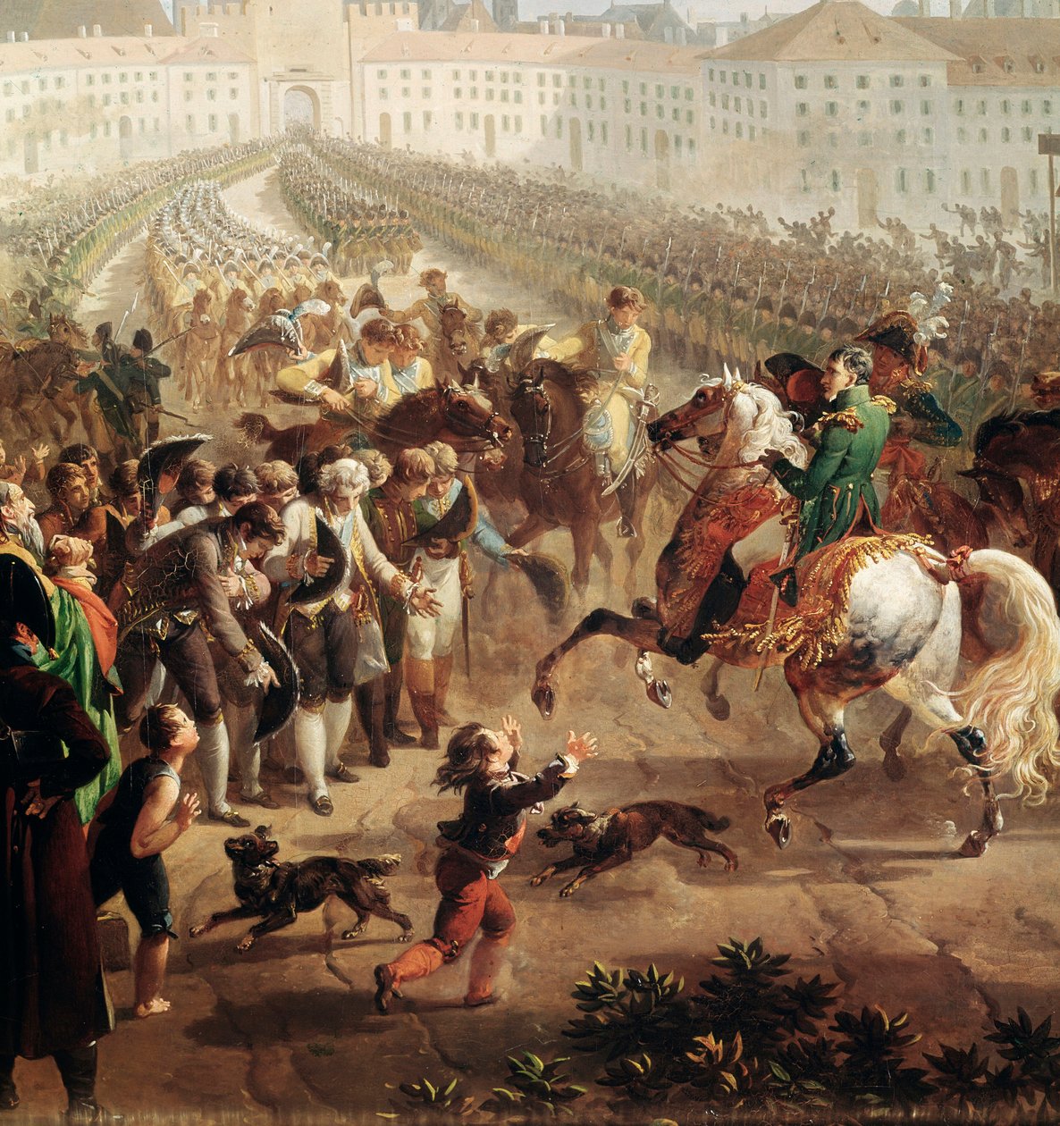 Den franske hær, kommanderet af Napoleon Bonaparte, gik ind i München den 24. oktober 1805. (Detaljemaleri af Nicolas Antoine Taunay