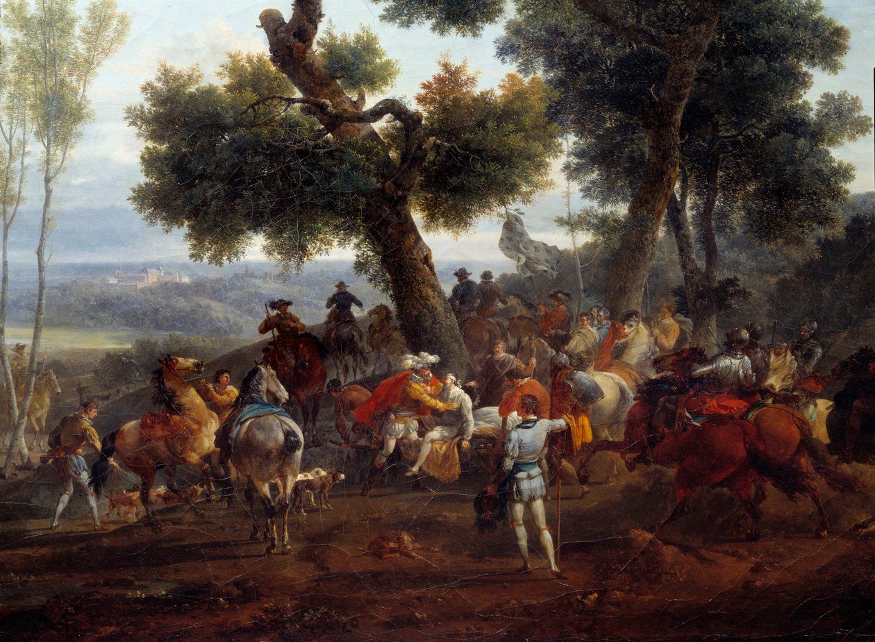 Religionskrigen: "" Mødet mellem kongen af Frankrig Henri IV (1553-1610) og Sully efter slaget ved Ivry i 1590"" Slaget ved Ivry den 14/03/1590 så den kongelige hærs sejr mod katolske liga. Maximilian af Bethune, hertug af Sully (1 af Nicolas Antoine Taunay