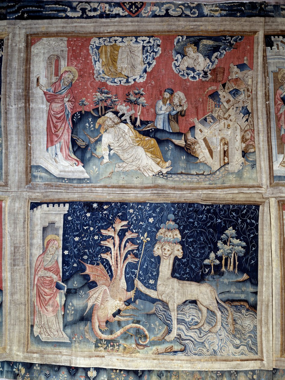 Åbenbaringens gardin (1373 -1383). Nr. 31 høj: Jean overrasket over de to venners genopstandelse. N° 38 nederst: dragen giver et kongescepter til en panter (satans manifestation). Tapestry af Nicolas Bataille (1330-1405) af Nicolas Bataille