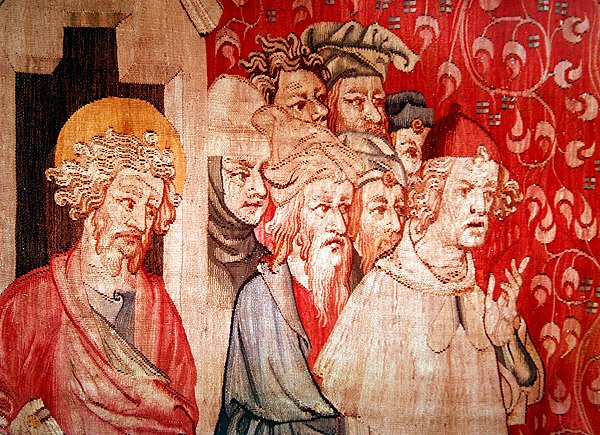 Detalje af mænd, der lytter til englen, der forudsiger deres tortur, fra "The Apocalypse of Angers", 1373-87 af Nicolas Bataille