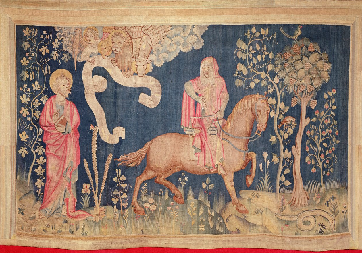 Hungersnød på den sorte hest, fra Apocalypse Tapestry of Angers, 1373-87 (tapet) af Nicolas Bataille