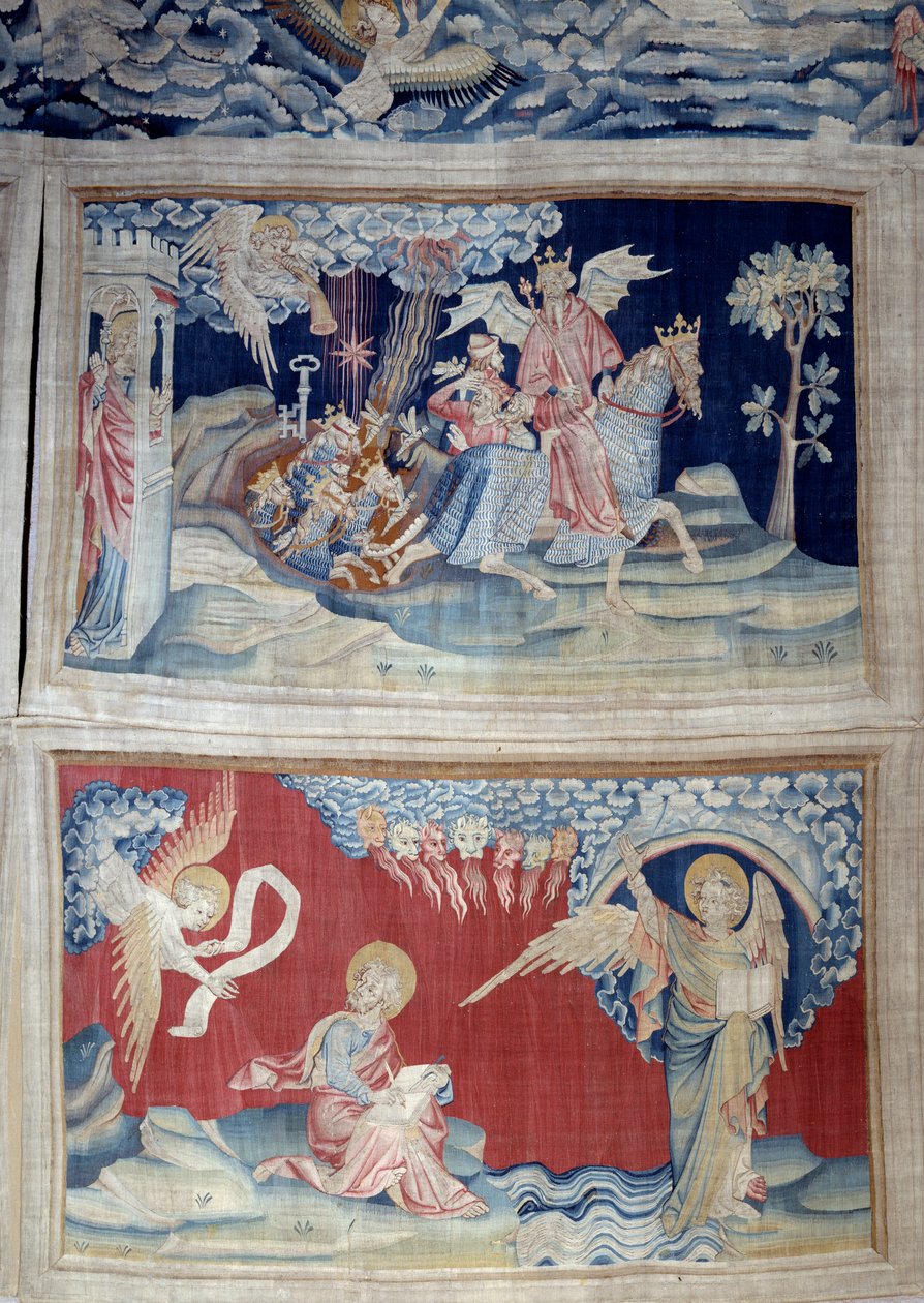 Ophængning af åbenbaring (1373-1383), n. 24: den femte trompet: en nøgle slipper græshopperne. Nedenfor, n. 27, viser englen i bogen sig for Johannes, som transskriberer det guddommelige budskab til lyden af de syv tonere. Tapestry af Nicolas Bataille (133 af Nicolas Bataille