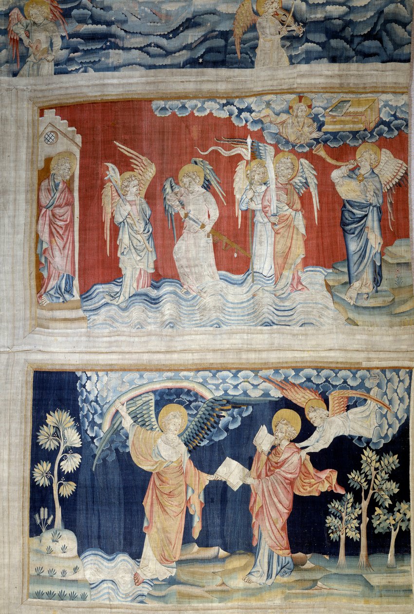 Ophængning af åbenbaring (1373-1383), n. 25: den sjette basun, Eufrats engle. Nedenfor, n. 28, overdrager englen bogen til Sankt Johannes, som spiser den. Tapestry af Nicolas Bataille (1330-1405) af Nicolas Bataille
