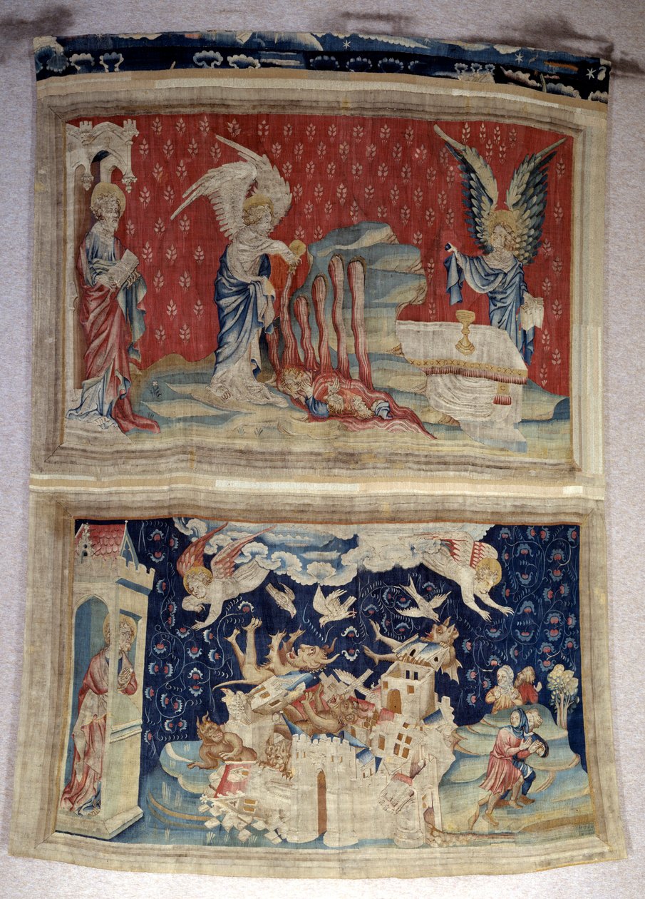 Ophængning af åbenbaring (1373-1383), n. 59: den anden og tredje flaske vælter ud over havet og vandet. Nedenunder, n. 66, Babylon er invaderet af dæmoner. Tapestry af Nicolas Bataille (1330-1405) af Nicolas Bataille