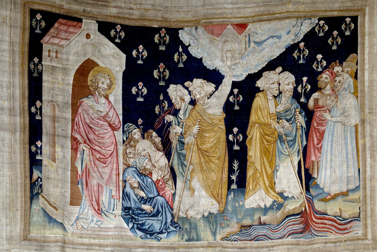 Ophængning af åbenbaring (1373 -1383), n. 28: miraklet. Fideles Guds tjenere og profeter ser på floden forvandlet til blod. Tapestry af Nicolas Bataille (1330-1405) af Nicolas Bataille