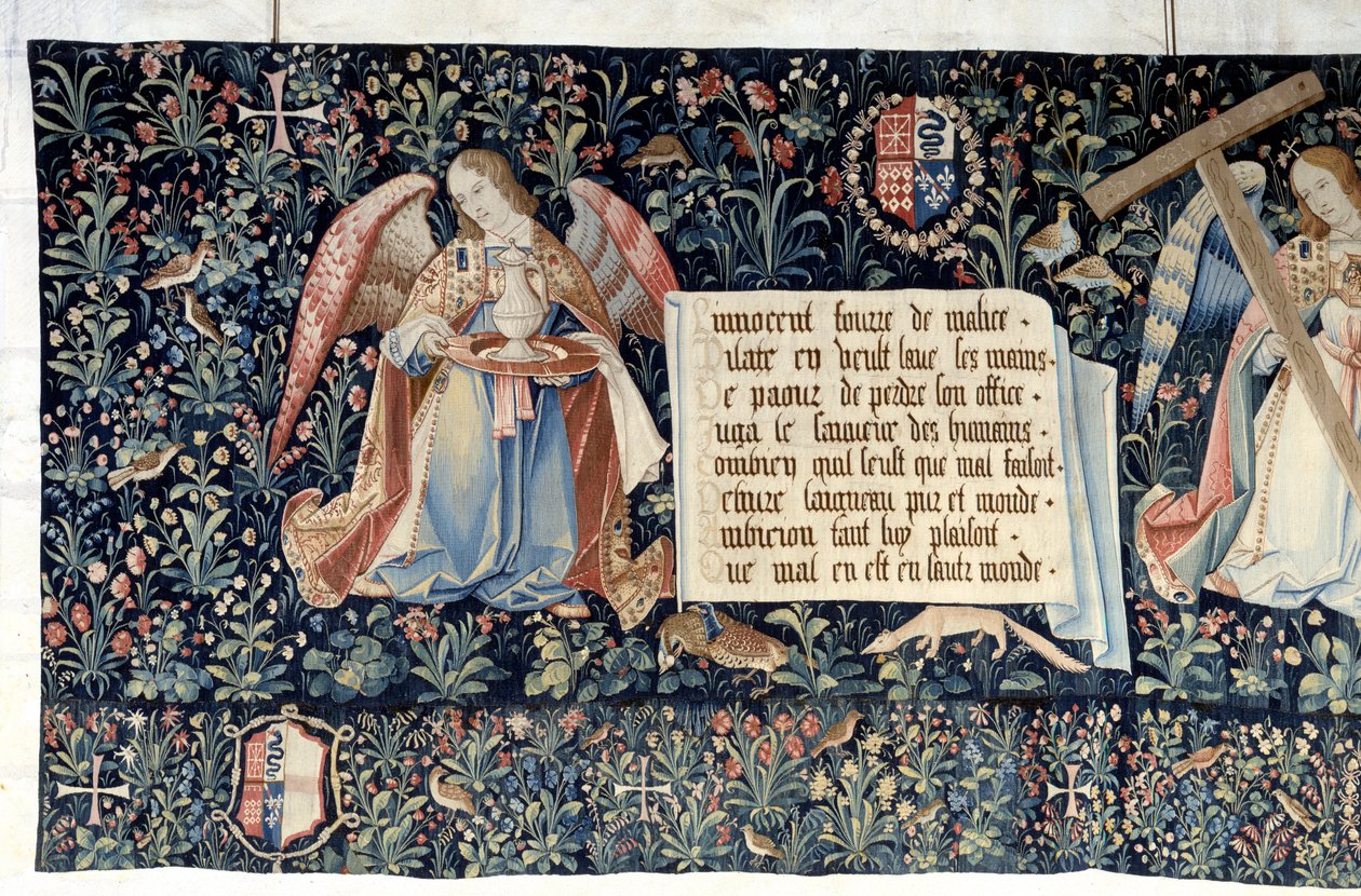 Ophængning af åbenbaringen (1373-1383), engle, der bærer lidenskabens instrumenter. Tapestry af Nicolas Bataille (1330-1405) af Nicolas Bataille