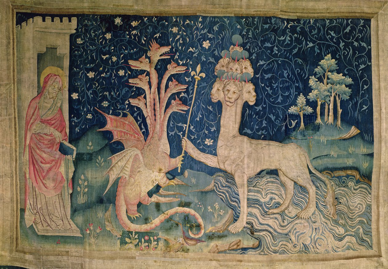 Havets dyr med syv hoveder og ti kroner, nr. 40 fra "Apokalypsen fra Angers", 1373-87 (gobelin) af Nicolas Bataille