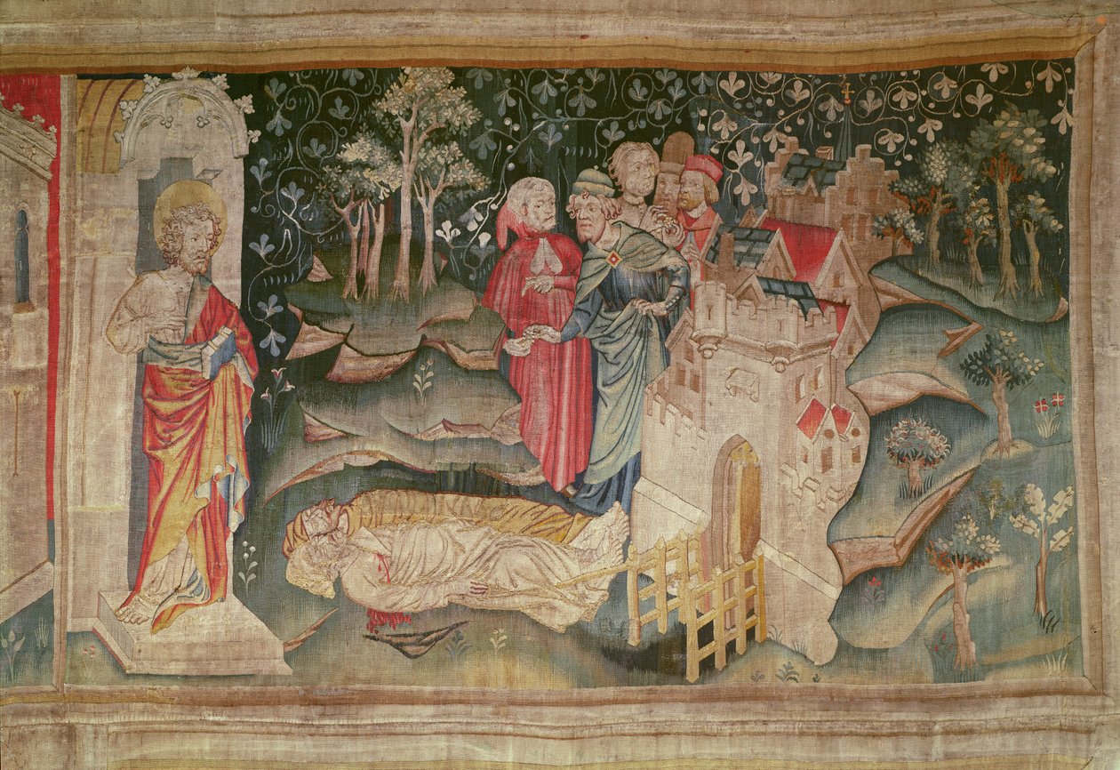 Mænds glæde efter de to vidners død, nr. 32 fra The Apocalypse of Angers, 1373-87 af Nicolas Bataille