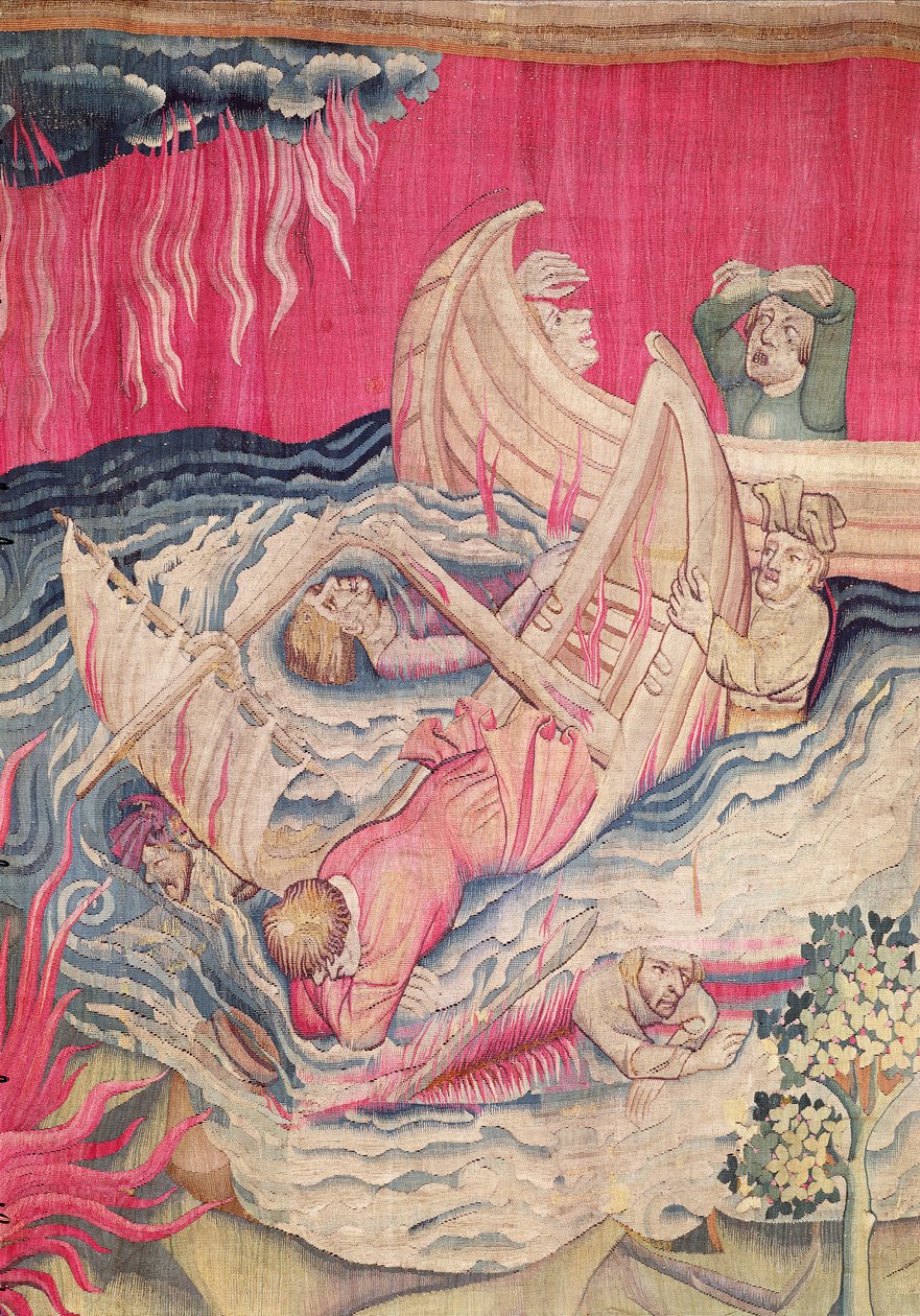 Den anden trompet og skibsvraget, detalje af de synkende skibe, nummer 21 fra The Apocalypse of Angers, 1373-87 gobelin af Nicolas Bataille