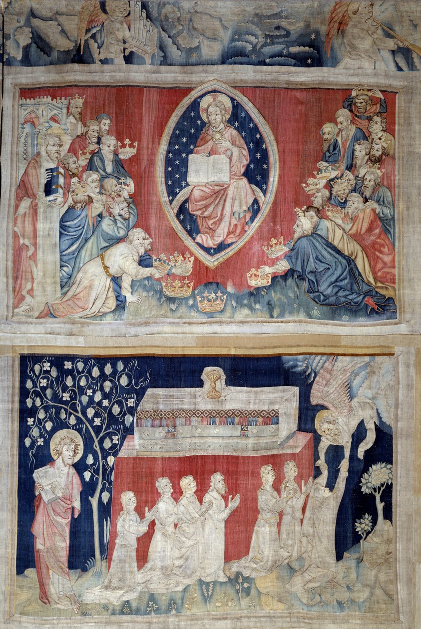 Åbenbaringens gardin (1373-1383), n. 5: de ældre lægger sig ned for Kristus i majestæt (Jesus Kristus i herlighed er repræsenteret inde i en mandorla). N. 11: martyrernes sjæle. Tapestry af Nicolas Bataille (1330-1405) af Nicolas Bataille