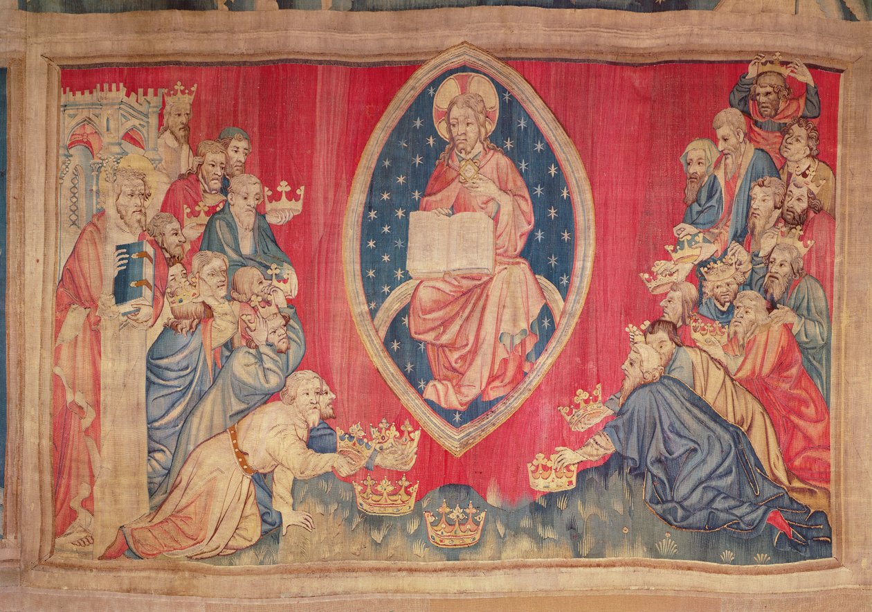 De fireogtyve ældste lægger sig ned for Gud, fra Apocalypse Tapestry of Angers, 1373-87 (tapet) af Nicolas Bataille