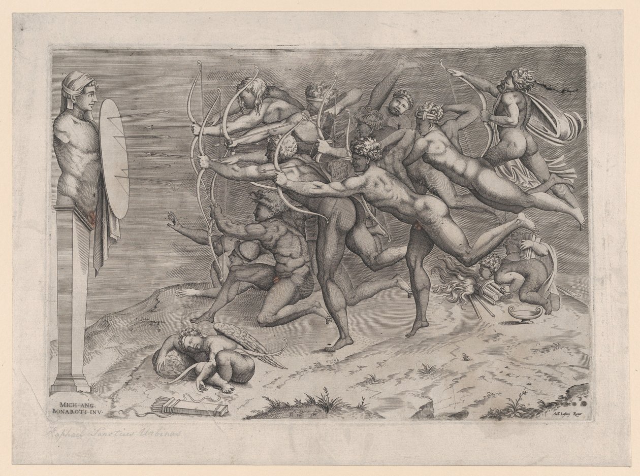 Nøgne bueskytter skyder mod et mål knyttet til en herm, Amor sover nedenunder, evt...., ca. 1540-60. af Nicolas Beatrizet