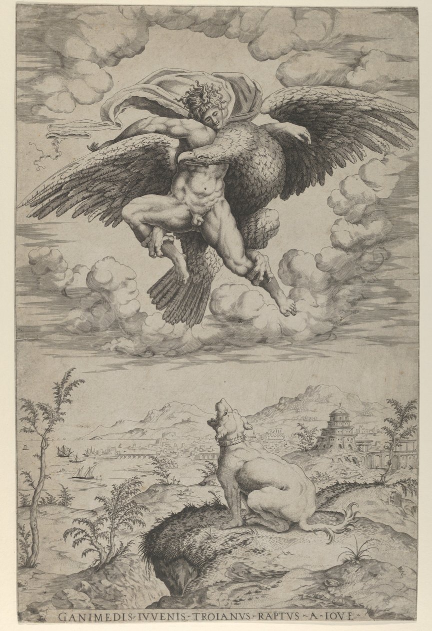 Voldtægten af Ganymedes af Jupiter i skikkelse af en ørn, der bærer ham ind i himlen, hej..., 1542. af Nicolas Beatrizet