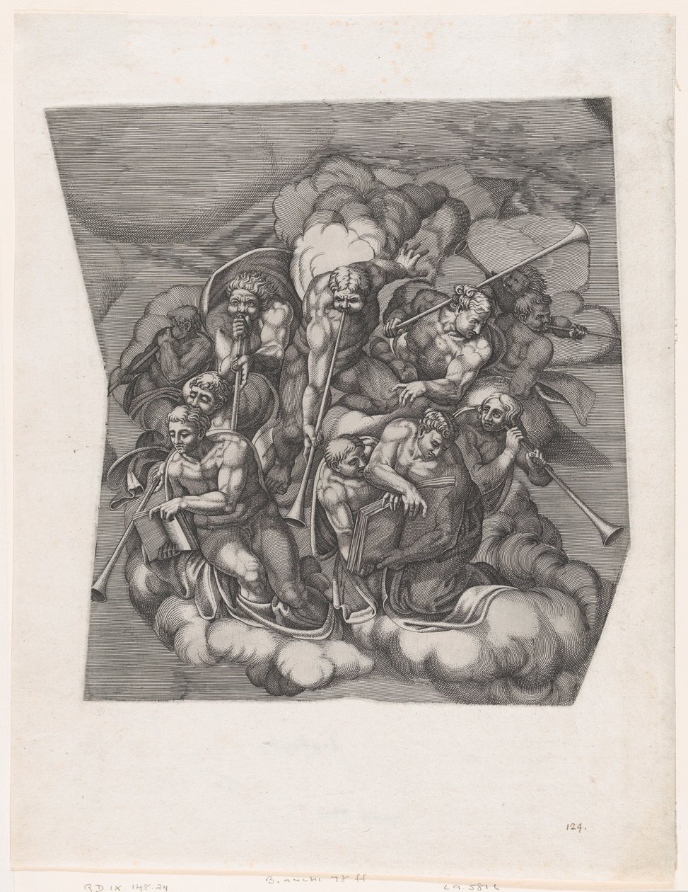 Trompeterende engle fra The Last Judgment, efter Michelangelo, 1530-66., 1530-66. af Nicolas Beatrizet