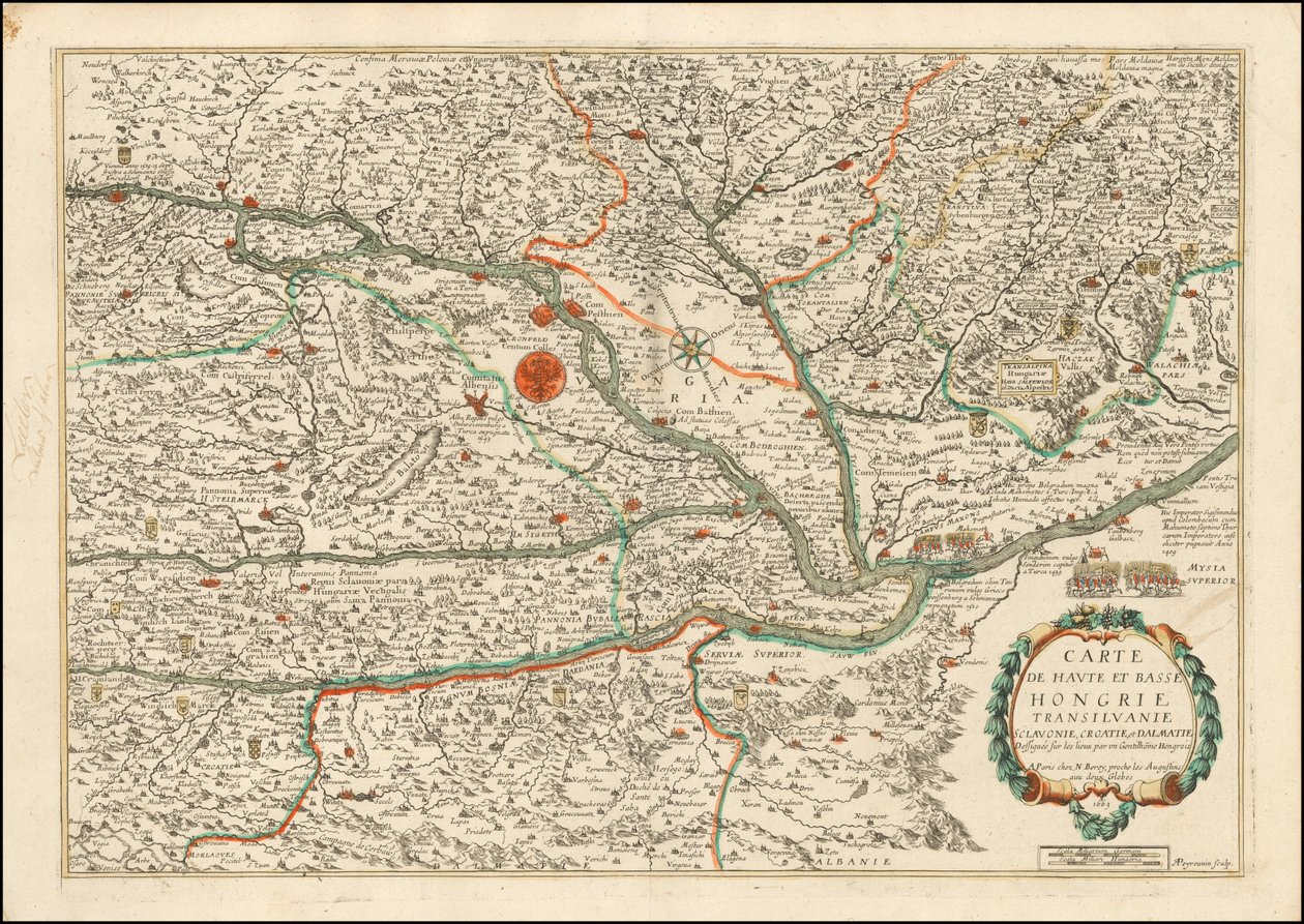 1663-kort over Øvre og Nedre Ungarn, Transilvanien, Slovenien, Kroatien og Dalmatien, udgivet af Nicolas Berey af Nicolas Berey