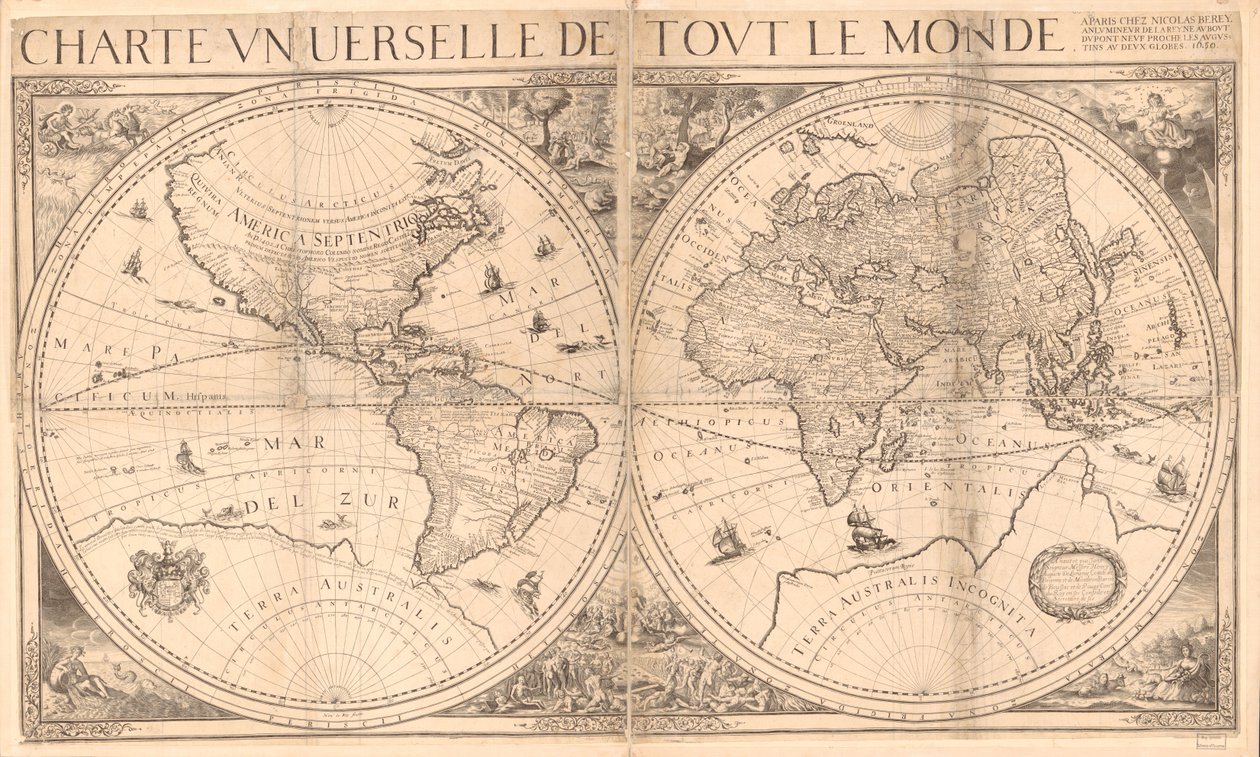 Relief vist billedmæssigt. Indeholder noter. Illustrationerne inkluderer billeder af Edens have og den sidste dom og fire allegoriske figurer i arkets hjørner. Samlet af 4 ark. LC kopi i to ark, monteret sammen på stof. Fold lin af Nicolas Berey