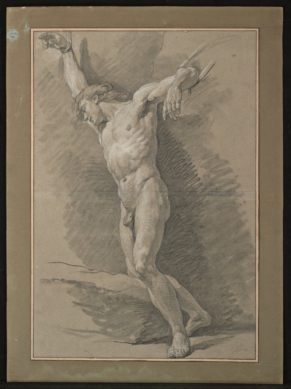 Academy of nøgen mand, arme bundet af reb (sort og hvidt kridt på gråt papir) af Nicolas Bernard Lepicie