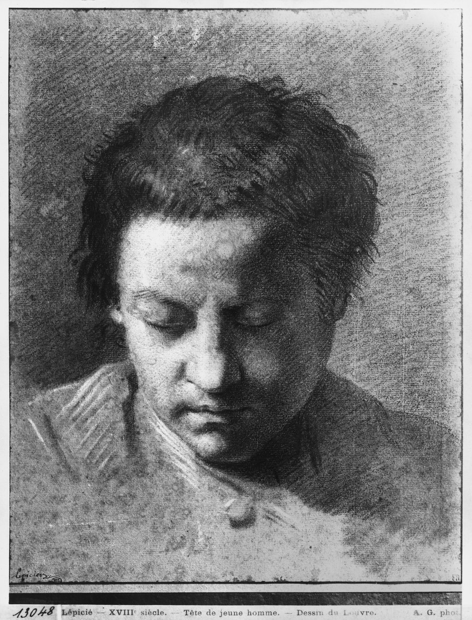 Hoved af en ung mand, der kigger ned (pierre noire und hvide højlys på gråt papir) af Nicolas Bernard Lepicie