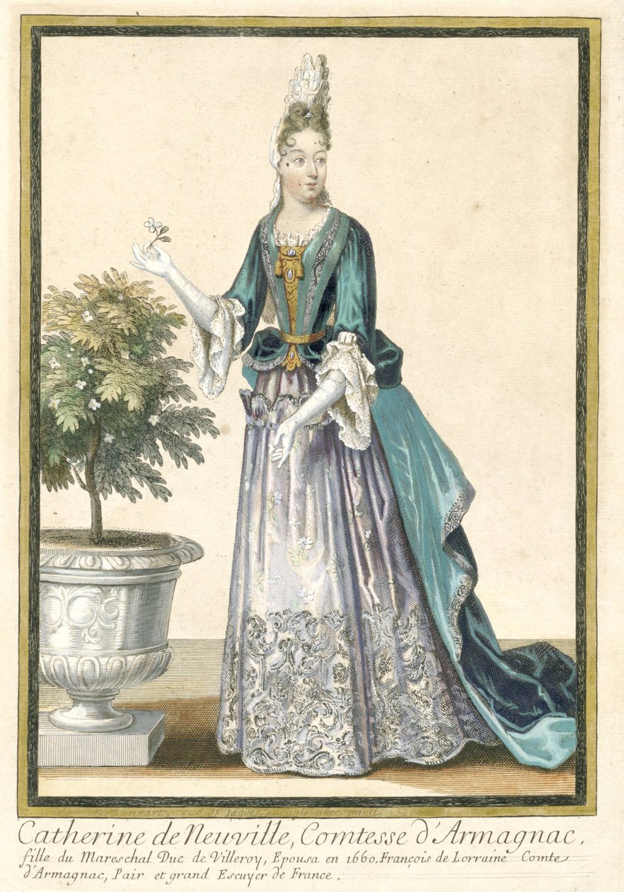 Franske tryk, der udbreder fransk mode: Portræt af Catherine de Neuville, grevinde af Armagnac Catherine de Neuville, grevinde af Armagnac, klædt efter fransk mode ca. 1685 af Nicolas Bonnart (fils)