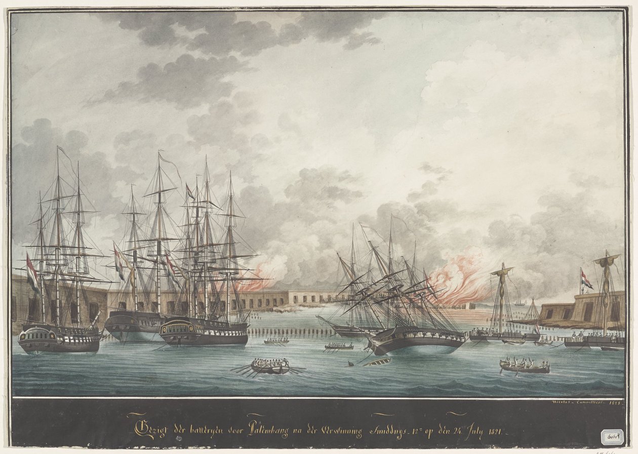 Udsigt over batterierne til Palembang efter sejren om eftermiddagen - kl. 12.00. den 24. juli 1821 (titel på objekt) af Nicolas Cammillieri