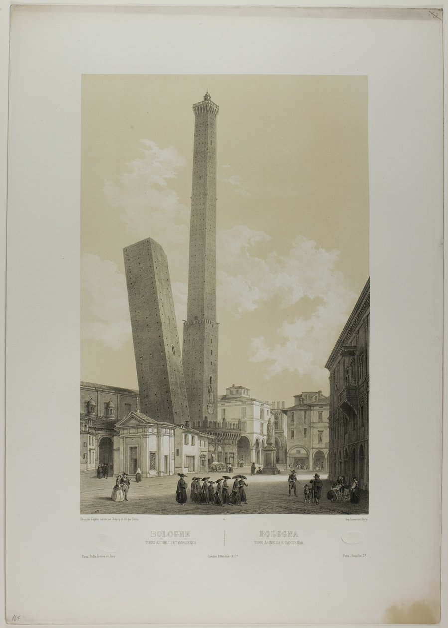 Bologna: Asinelli- og Garisenda-tårnene, planche 40 fra Italie Monumentale et Pittoresque af Nicolas Chapuy