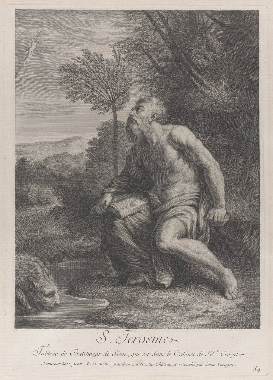 Sankt Hieronymus sidder ved et træ og kigger op på et krucifiks, en løve drikker vand fra en bane..., 1728 af Nicolas Chateau
