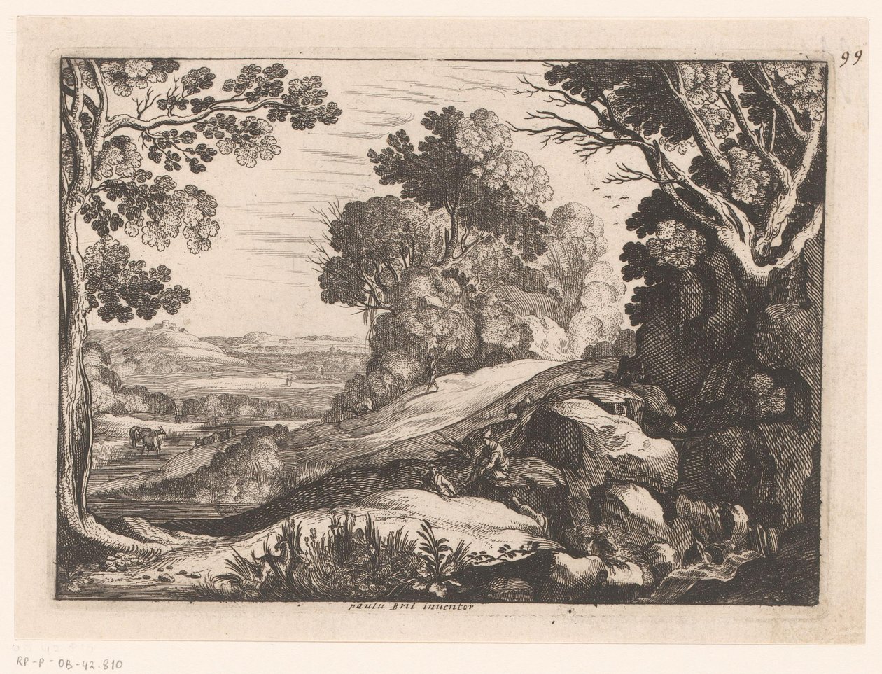 Bakket landskab med to gedehyrder Idealiserede landskaber (serietitel) af Nicolas Cochin (attributed to)