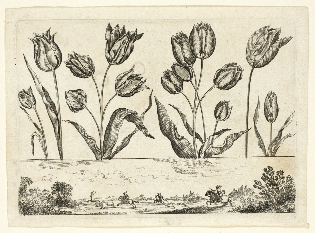 Blomster og jagtscene, fra Livre Nouveau de Fleurs... af Nicolas Cochin