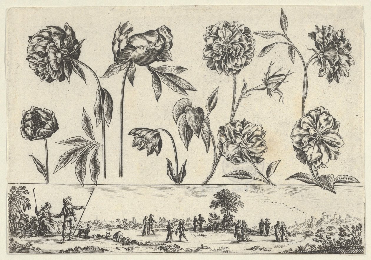 Vandret panel med en række blomster over en frise med figurer i et landskab, fra Li..., 1645. af Nicolas Cochin