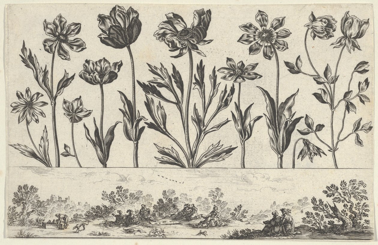 Vandret panel med en række blomster over en frise med figurer i et landskab, fra Li..., 1645. af Nicolas Cochin