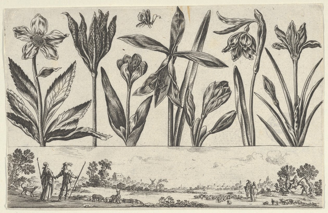Vandret panel med en række blomster over en frise med figurer i et landskab, fra Li..., 1645. af Nicolas Cochin