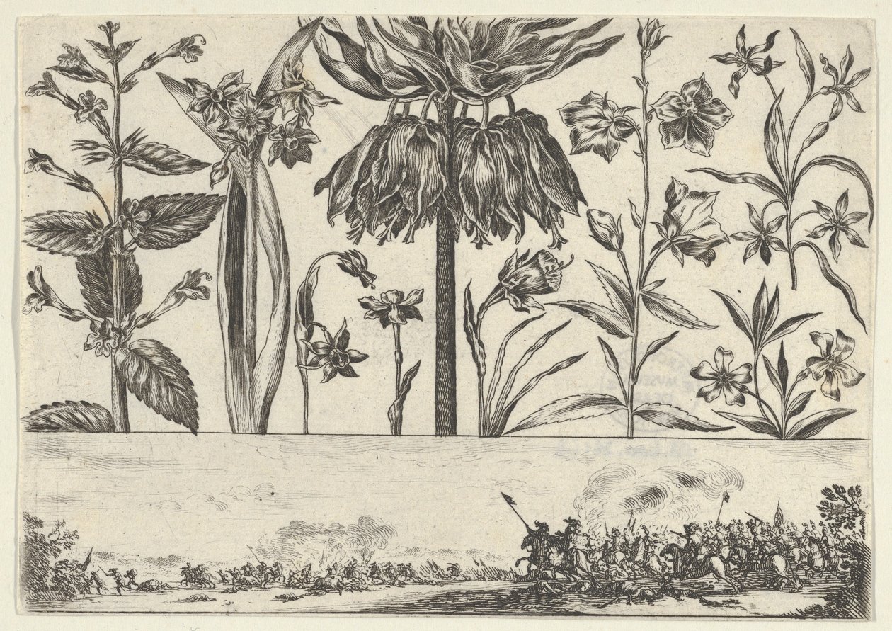 Vandret panel med en række blomster over en frise med en kampscene i et landskab, ..., 1645. af Nicolas Cochin