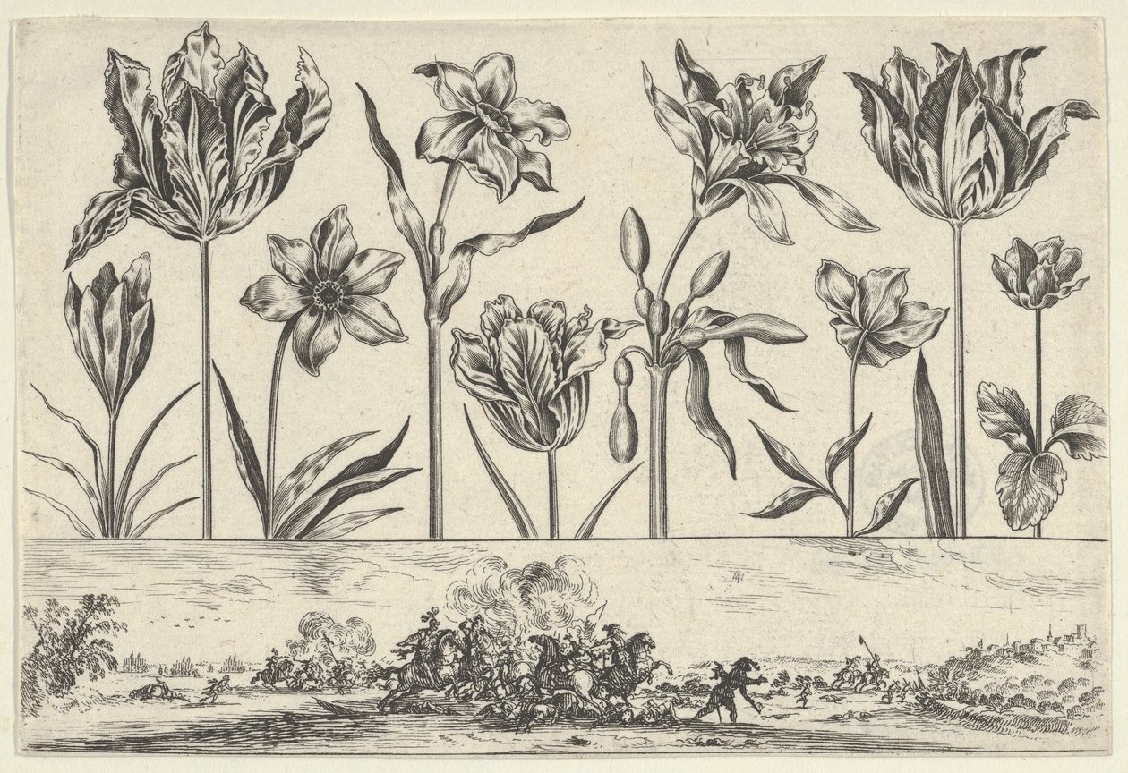 Vandret panel med en række blomster over en frise med en kampscene i et landskab, ..., 1645. af Nicolas Cochin
