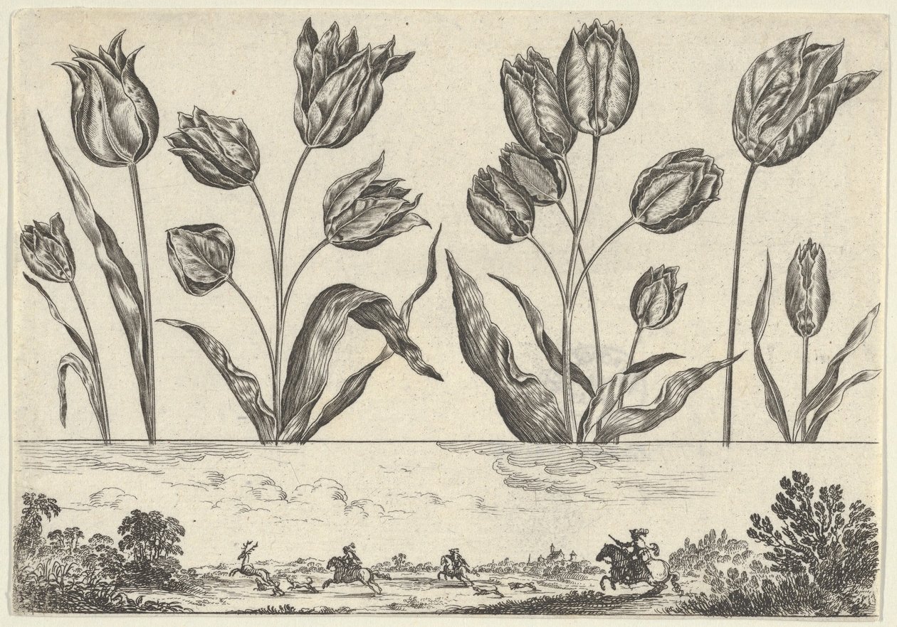 Vandret panel med en række blomster over en frise med en jagtscene i et landskab,..., 1645. af Nicolas Cochin