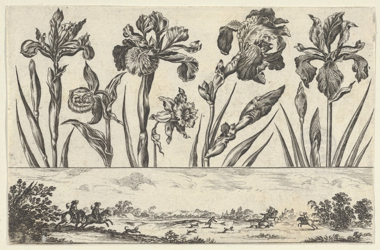 Vandret panel med en række blomster over en frise med en jagtscene i et landskab,..., 1645. af Nicolas Cochin