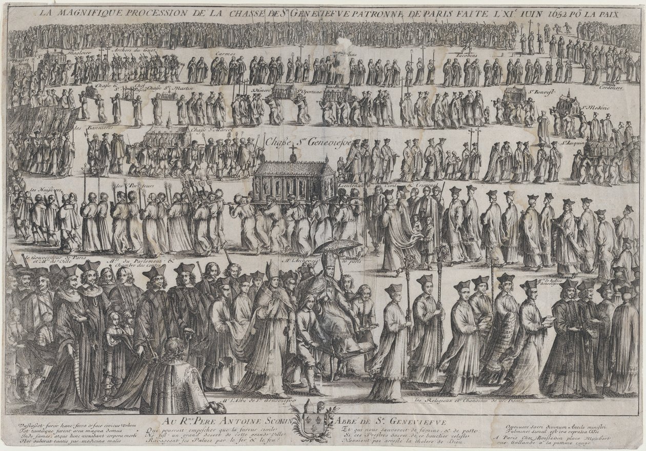 Processionen af St. Genevieves kiste, med gejstlige og lægmænd, der marcherer i seks rækker..., 1652. af Nicolas Cochin